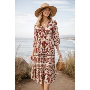 FIG & FLOWER Floral Boho Linen Blend  Dress Womens S  3/4 Sleeve  Cottagecore